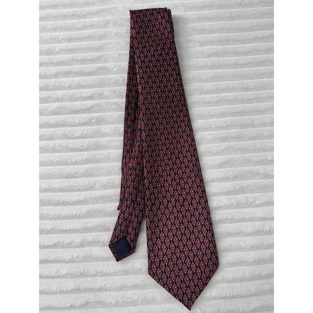 Vittorio Rex Italy Mens Silk Tie Navy Blue Red Geometric Diamond Pattern